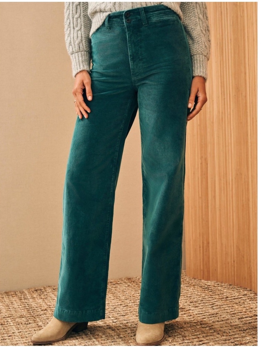 Faherty Teal Corduroy Wide Leg High Rise Patch Pocket Pants Size 27